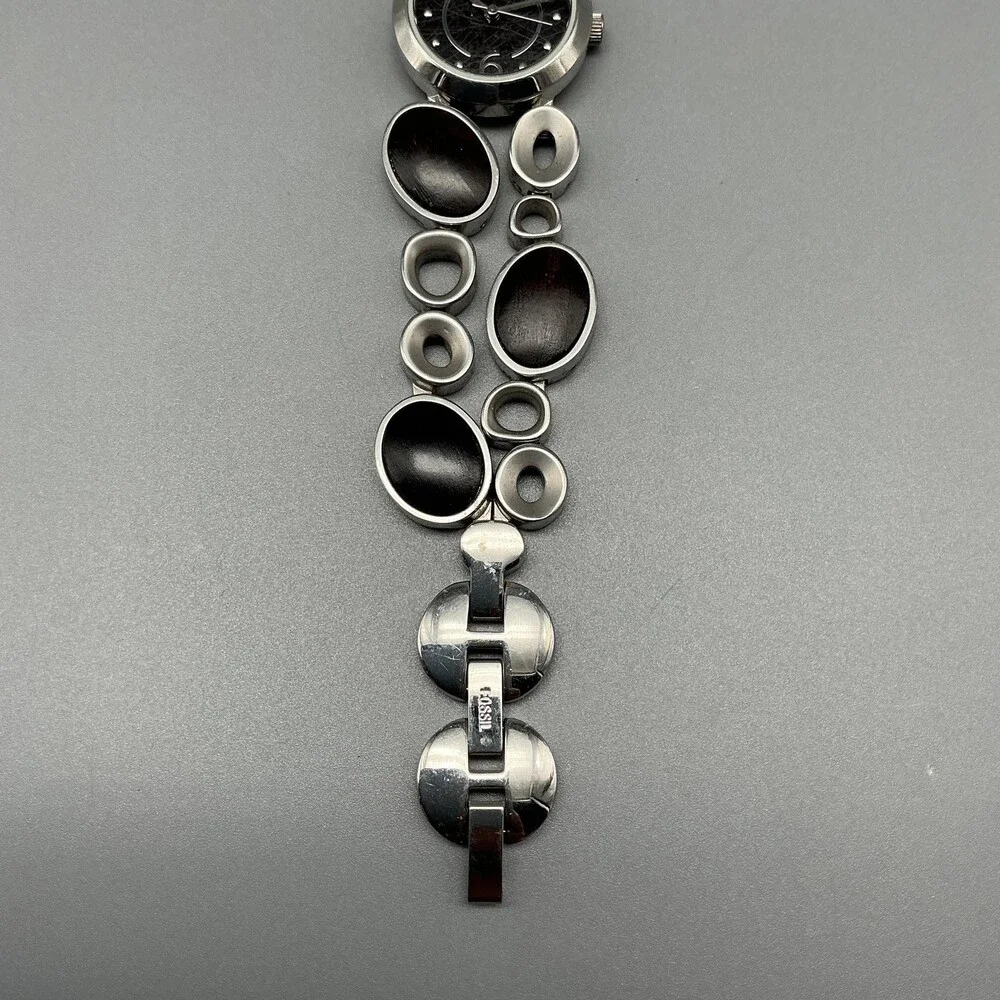 Fossil ES-2109 Womens Watch 21mm Silver Tone Wood Link Stainless New Battery 7